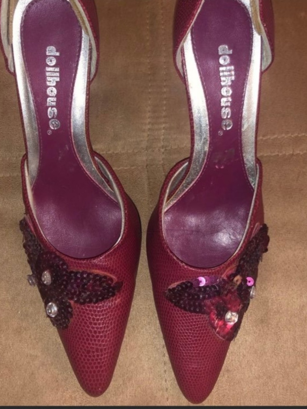 Dollhouse Burgundy Pointed Toe Sequin Embellished Heels